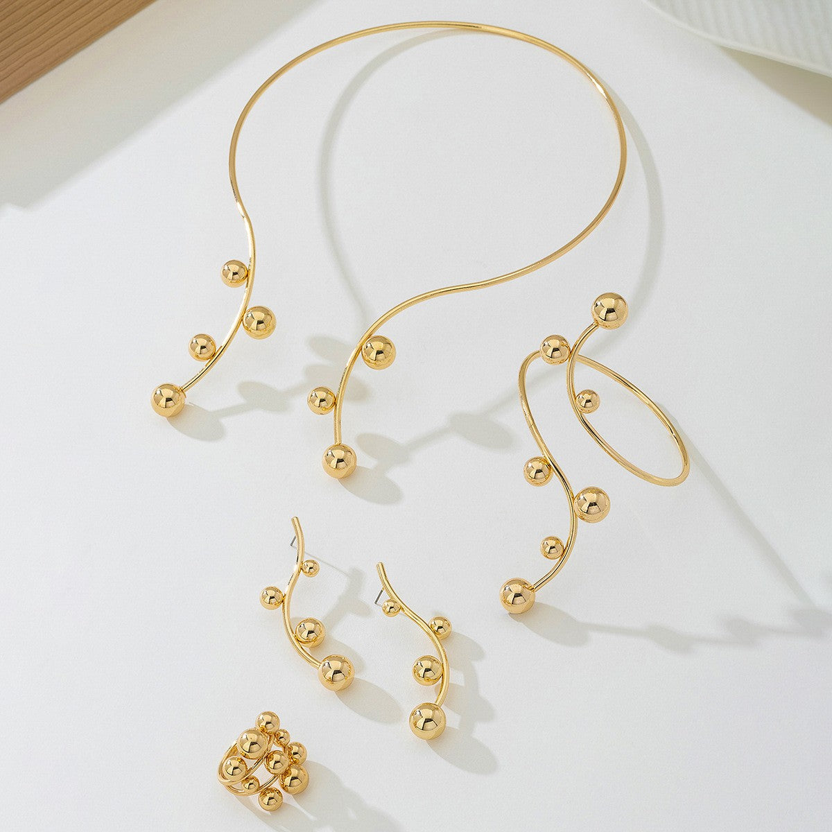 Classy Gold Ball Wire Necklace, Bracelet & Earring Set