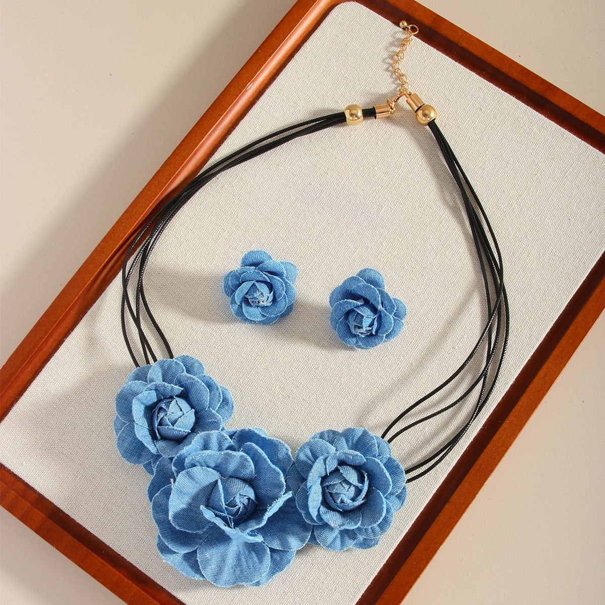 Romantic Blue Denim Rose Necklace & Earring Set