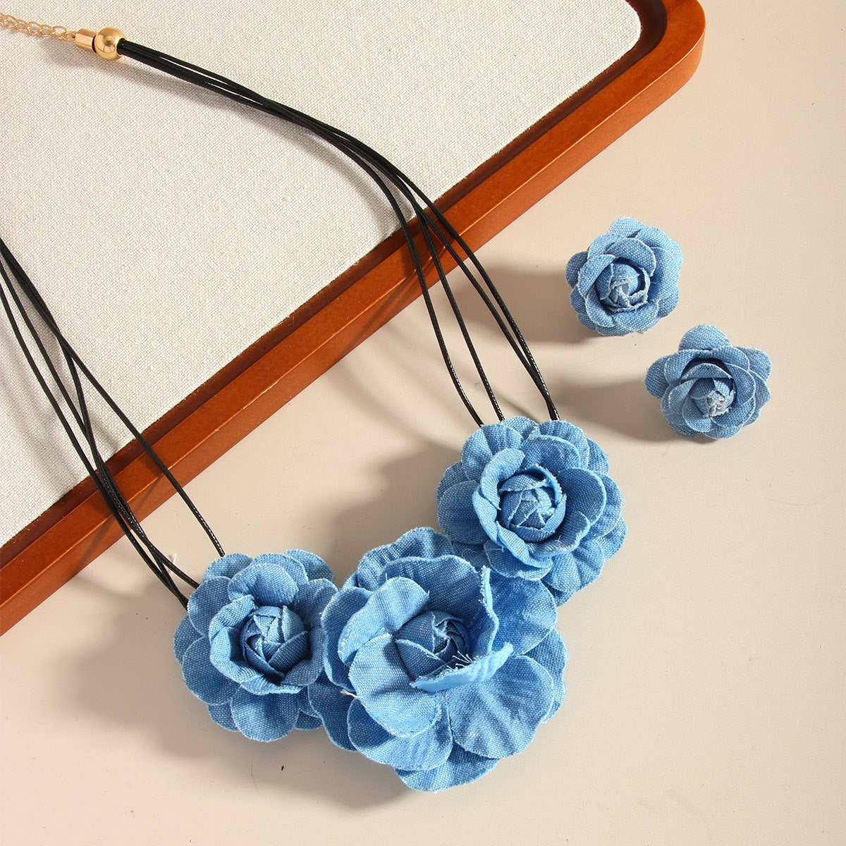Romantic Blue Denim Rose Necklace & Earring Set
