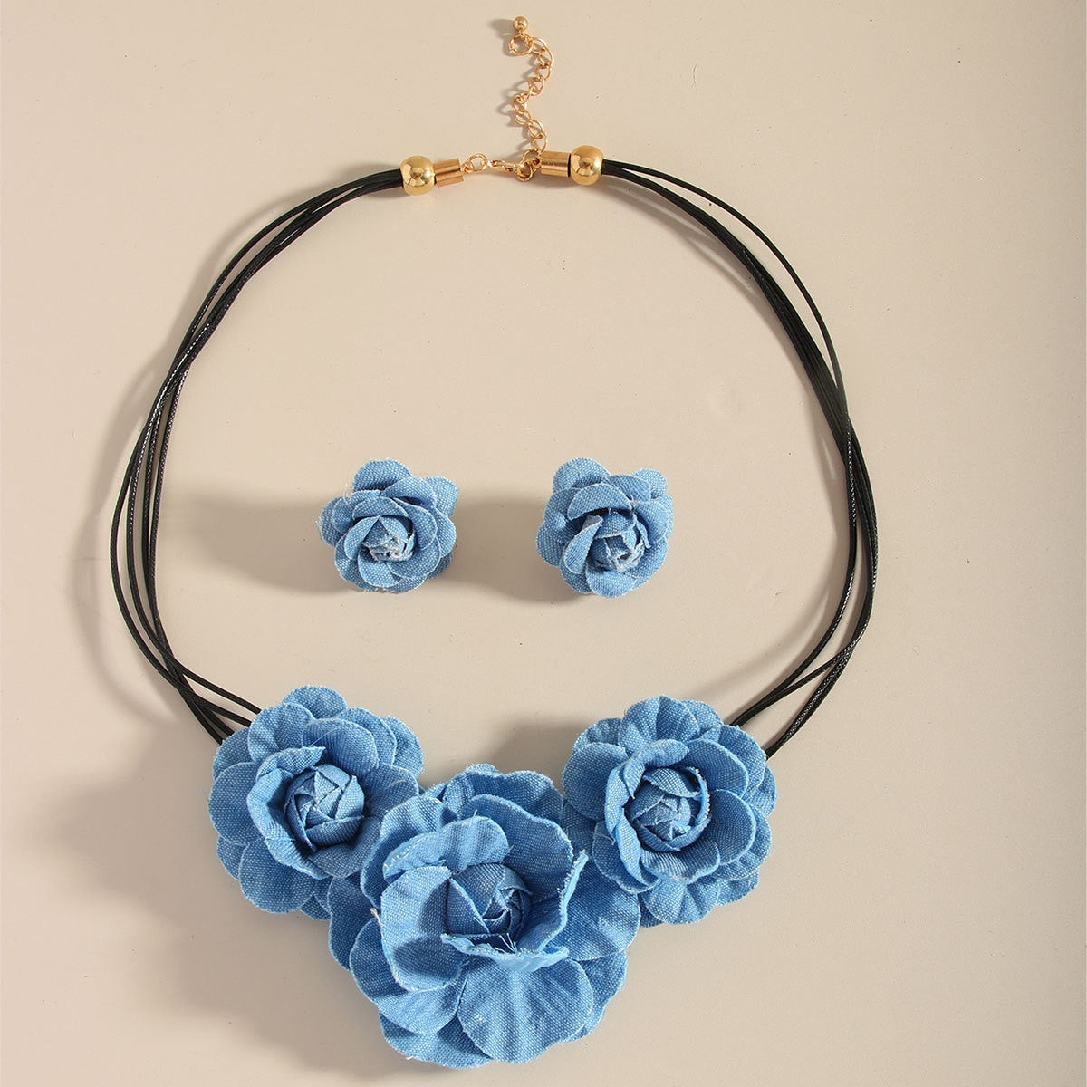 Romantic Blue Denim Rose Necklace & Earring Set