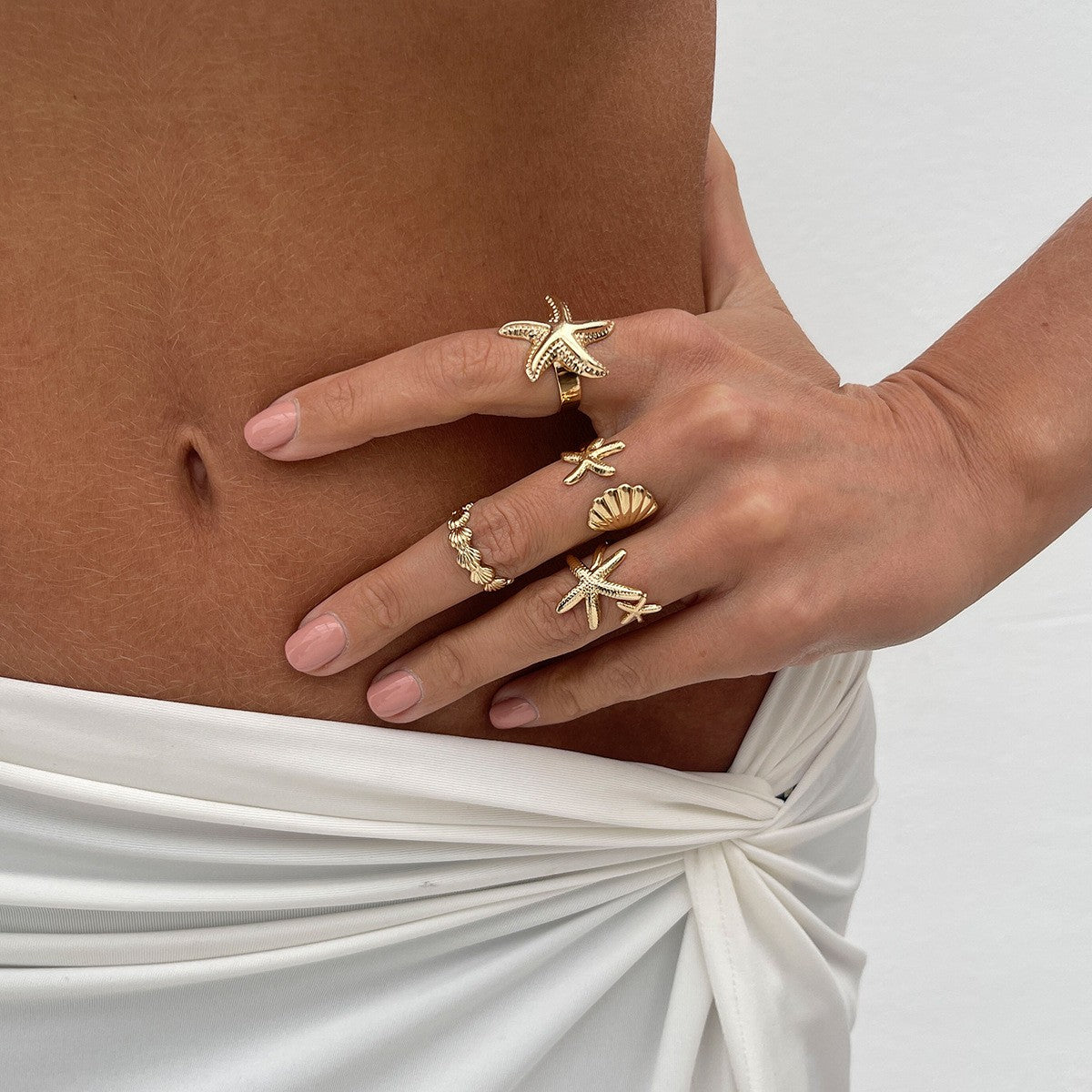 Boho Starfish & Shell Ring Set