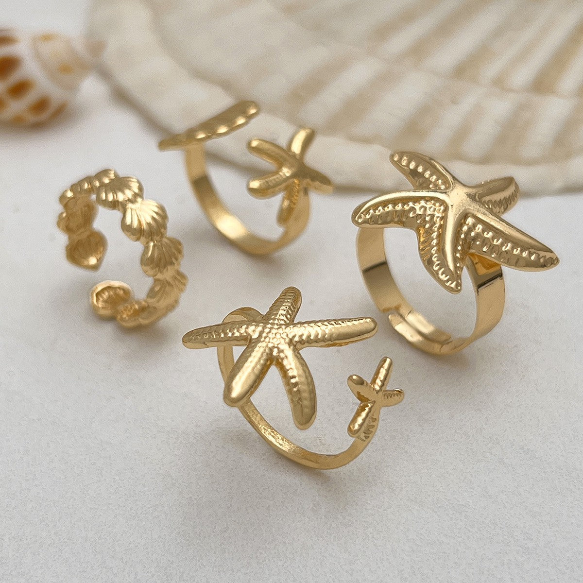Boho Starfish & Shell Ring Set