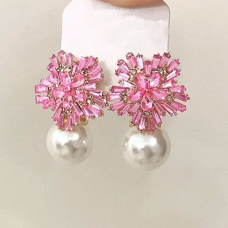 Romantic Pink Crystal Snowflake Pearl Earrings