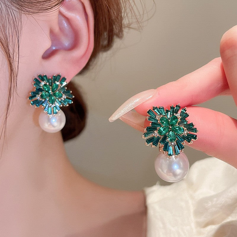 Romantic Pink Crystal Snowflake Pearl Earrings