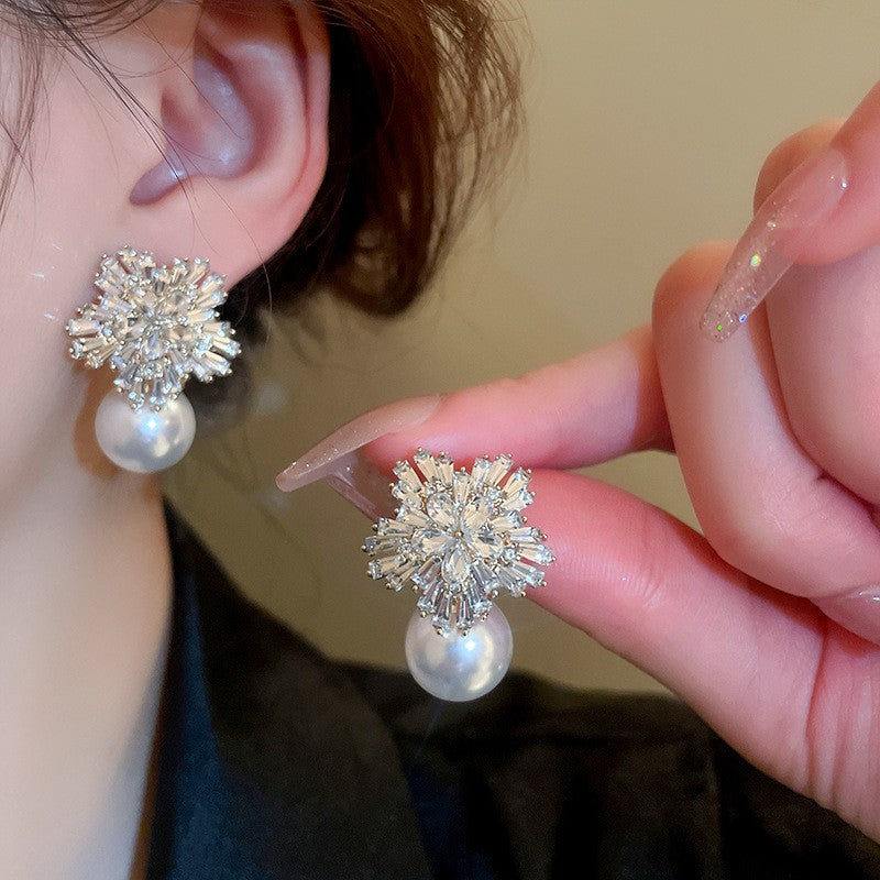 Romantic Pink Crystal Snowflake Pearl Earrings