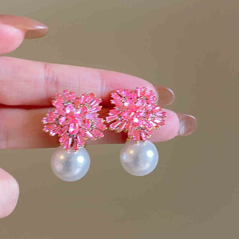 Romantic Pink Crystal Snowflake Pearl Earrings