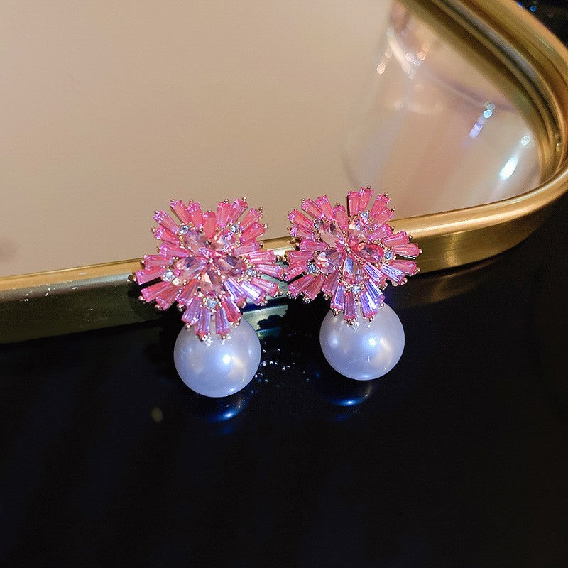 Romantic Pink Crystal Snowflake Pearl Earrings