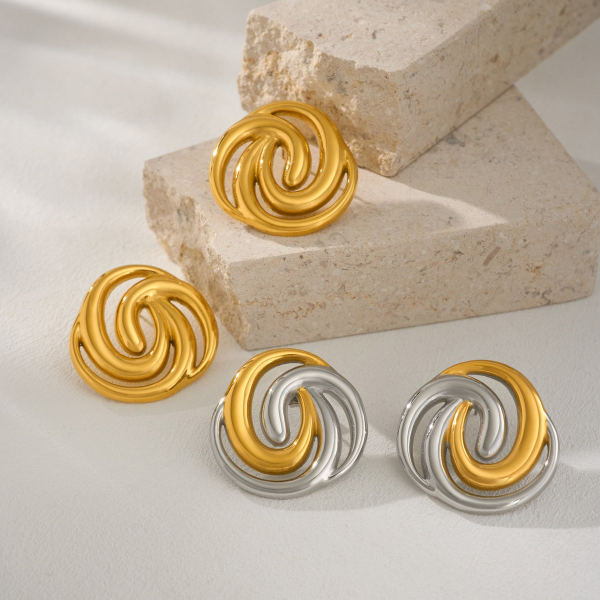 18k Classy Two Tone Swirl Stud Earrings