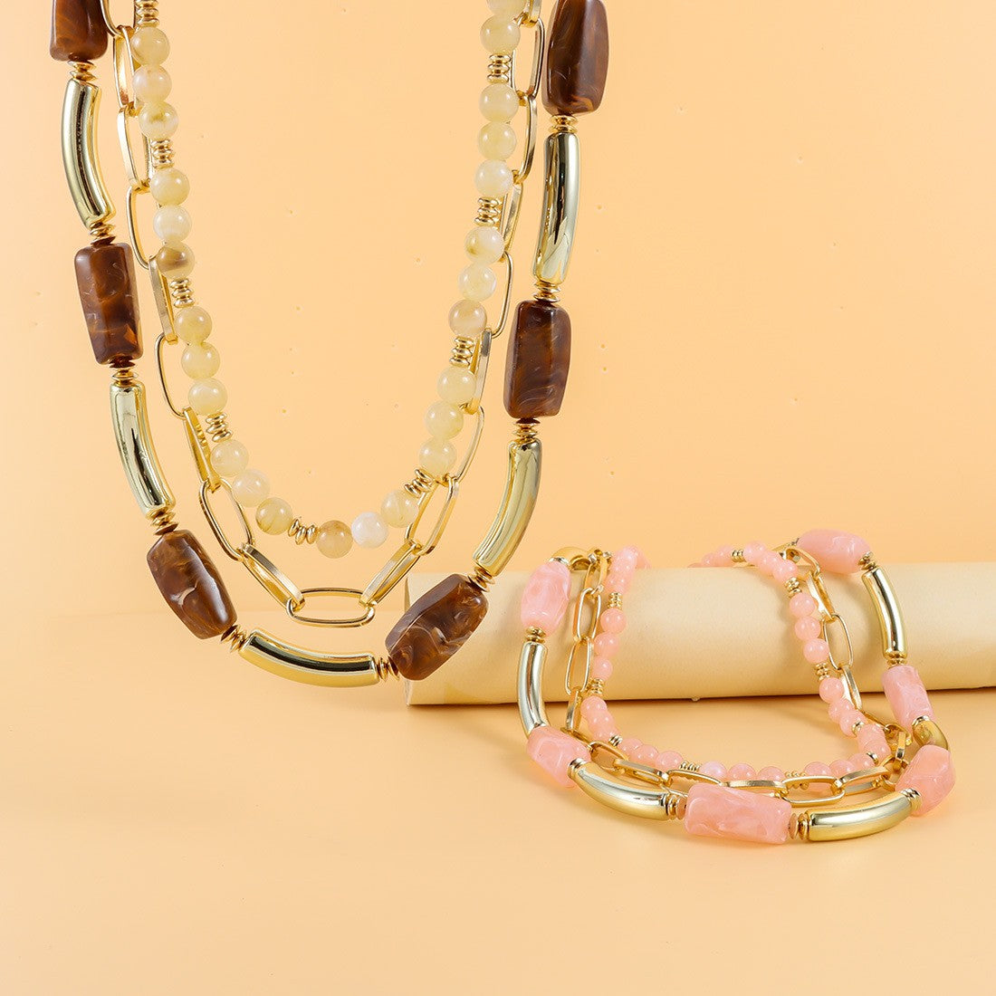 Classy Pink Geometric Layered Necklace