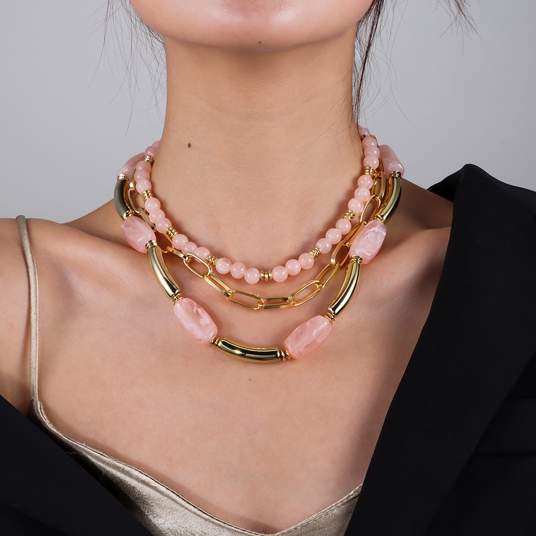 Classy Pink Geometric Layered Necklace