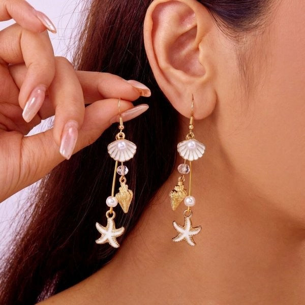 Romantic Pink Shell Starfish Drop Earrings