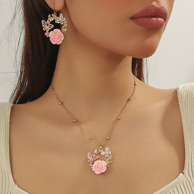 Romantic Pink Rose Butterfly Necklace & Earring Set