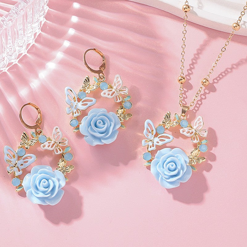 Romantic Pink Rose Butterfly Necklace & Earring Set