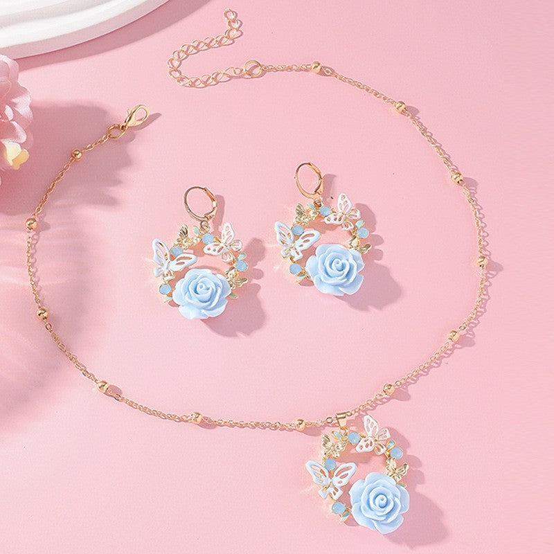 Romantic Pink Rose Butterfly Necklace & Earring Set
