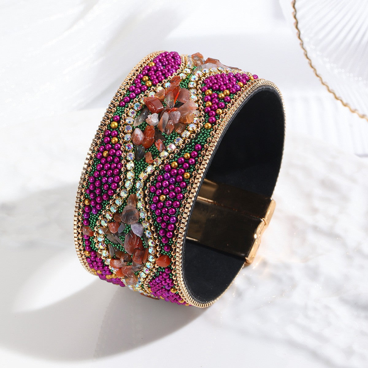 Boho Blue Beaded Leather Cuff Bracelet