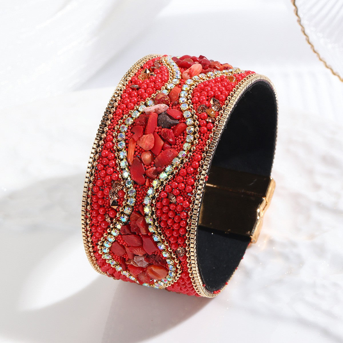 Boho Blue Beaded Leather Cuff Bracelet