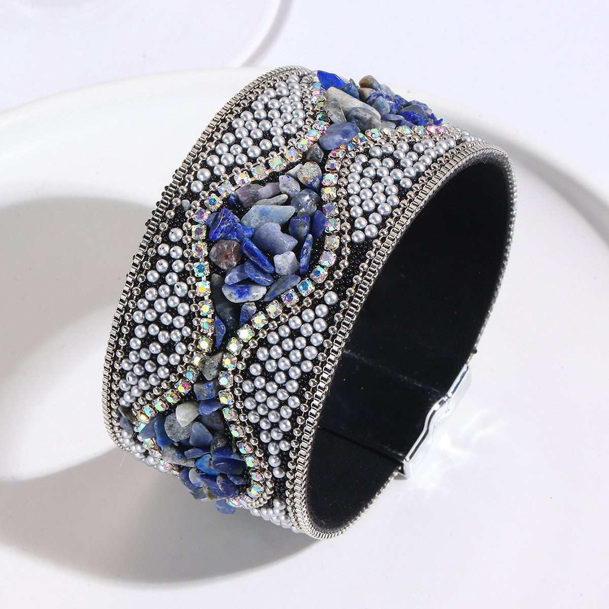 Boho Blue Beaded Leather Cuff Bracelet