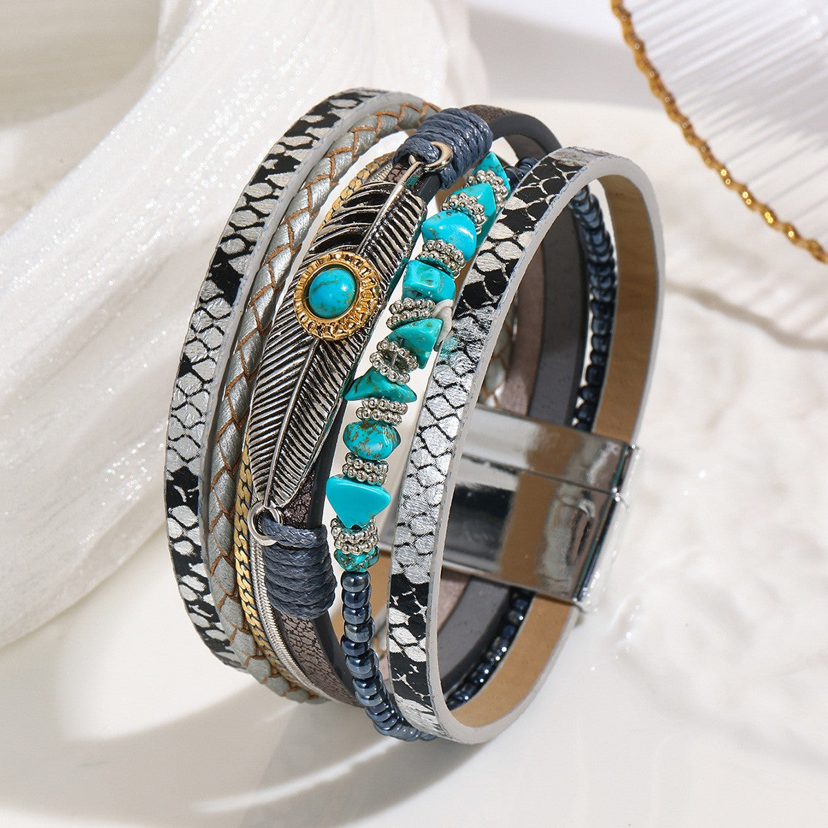 Boho Feather Turquoise Wrap Bracelet