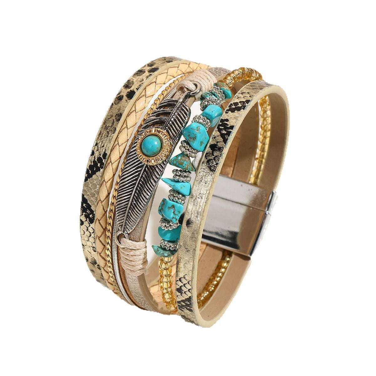 Boho Feather Turquoise Wrap Bracelet