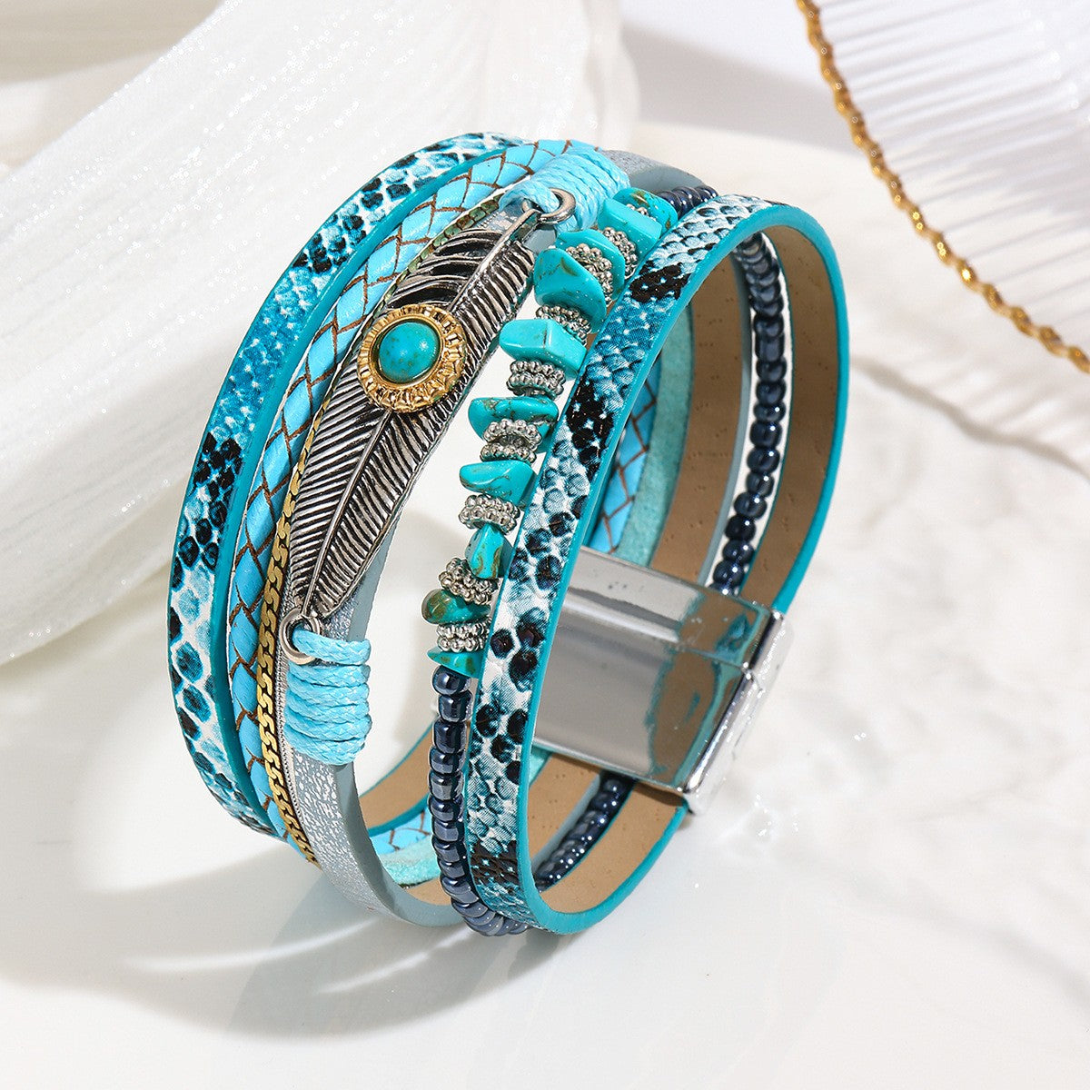 Boho Feather Turquoise Wrap Bracelet