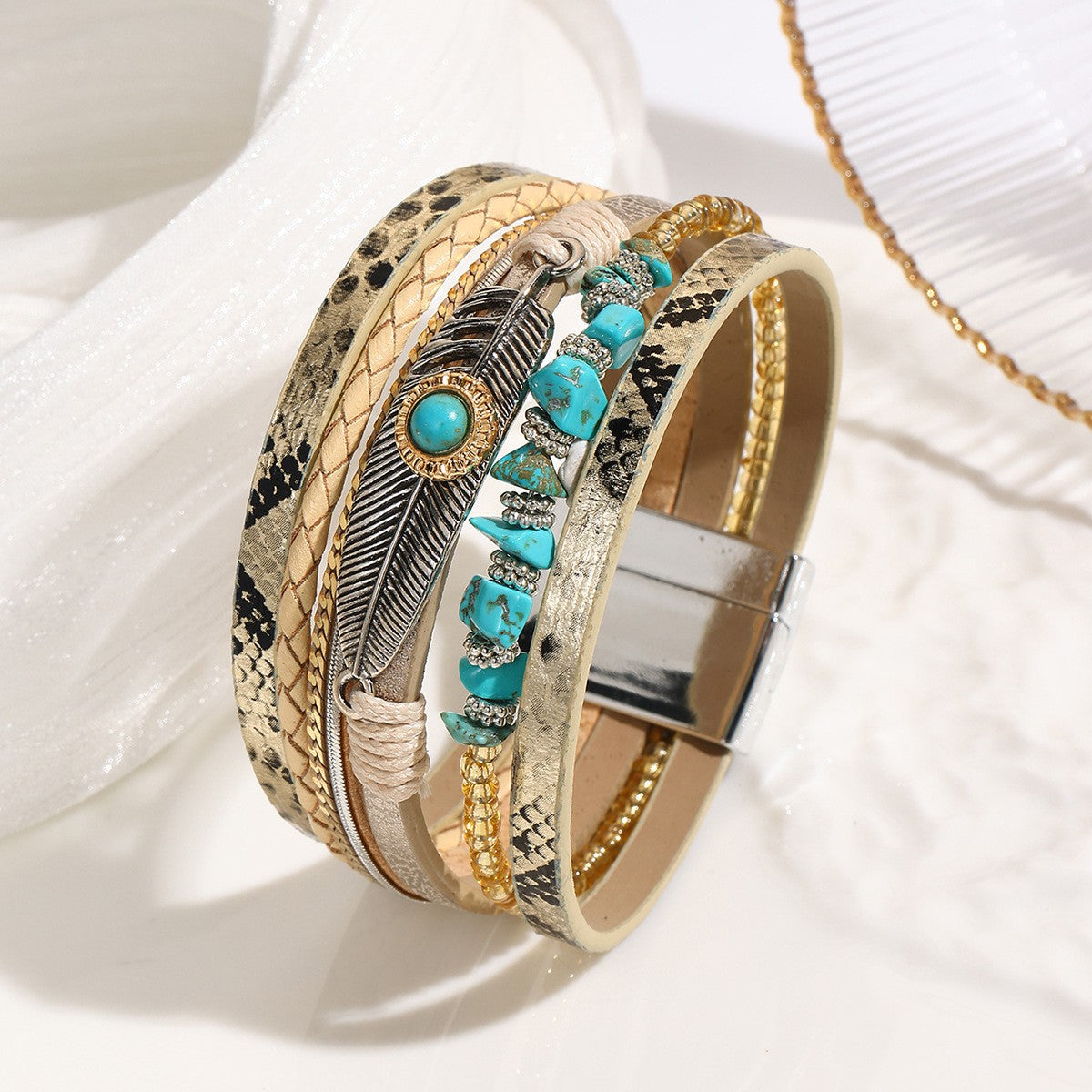 Boho Feather Turquoise Wrap Bracelet
