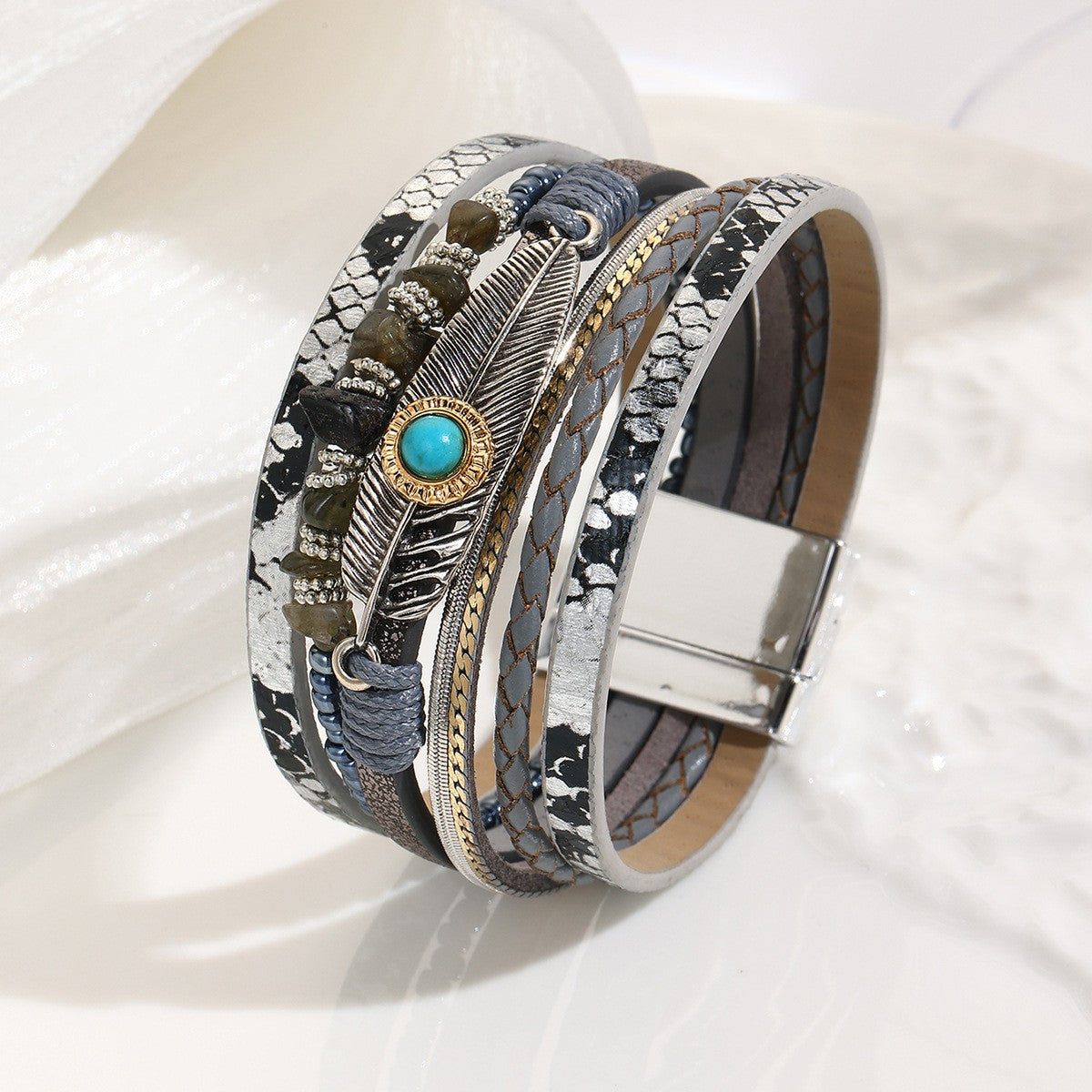 Boho Feather Turquoise Wrap Bracelet