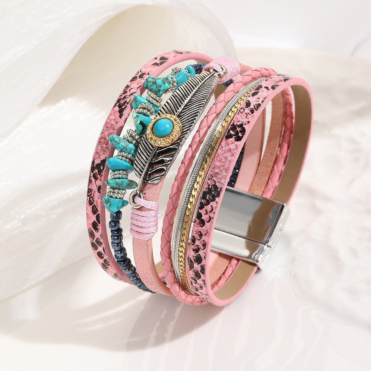Boho Feather Turquoise Wrap Bracelet