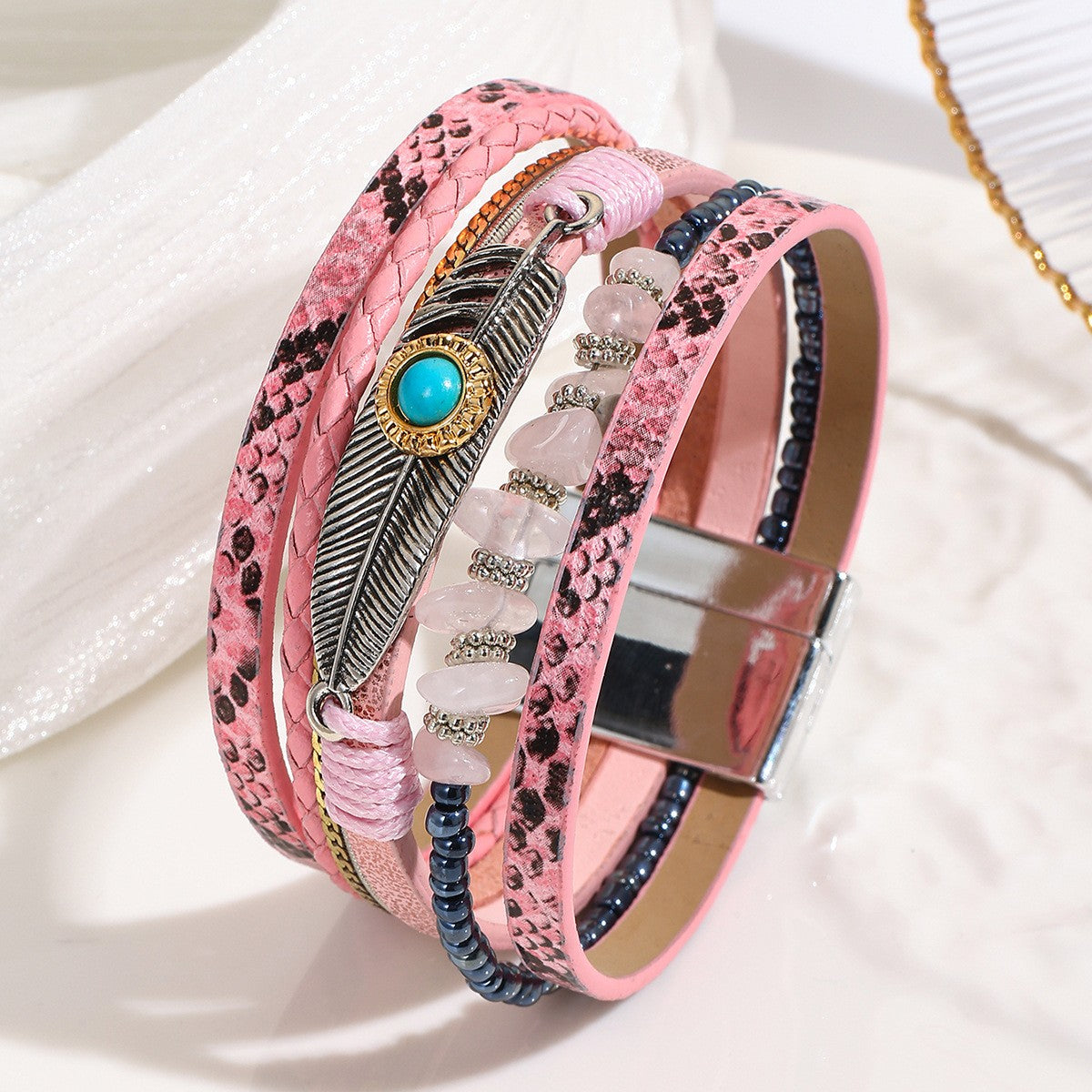 Boho Feather Turquoise Wrap Bracelet