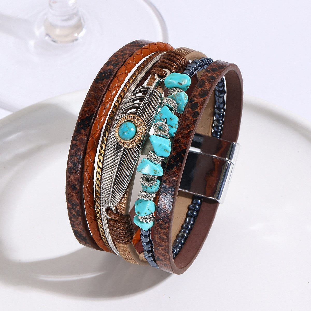 Boho Feather Turquoise Wrap Bracelet