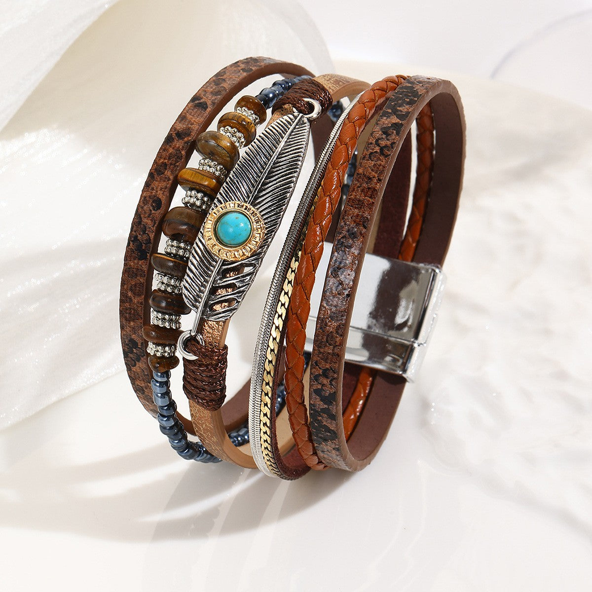 Boho Feather Turquoise Wrap Bracelet