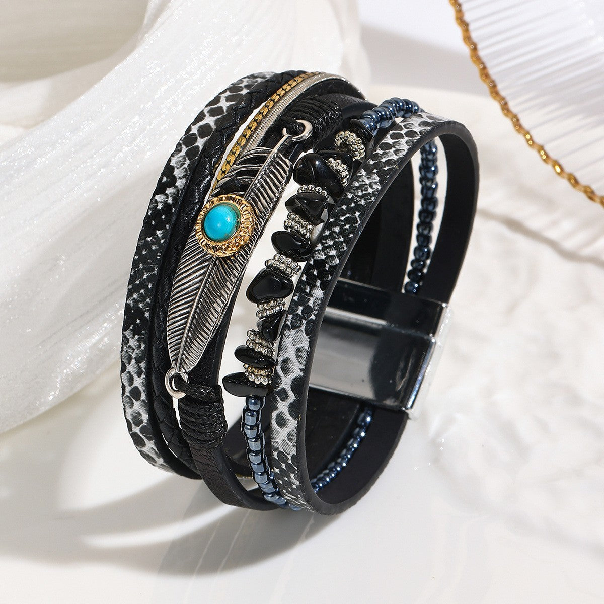 Boho Feather Turquoise Wrap Bracelet