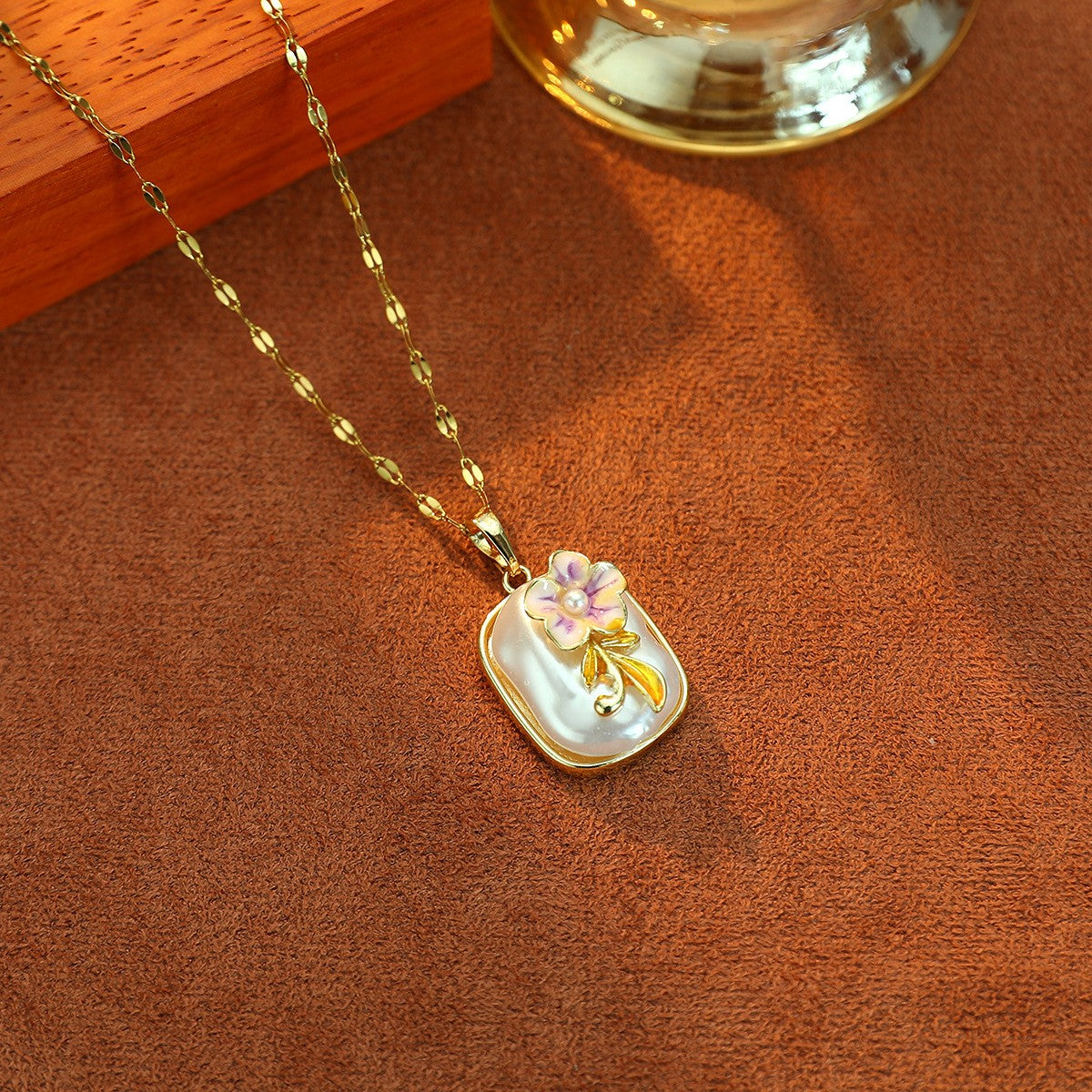 Vintage Inspired Enamel Floral Pearl Necklace