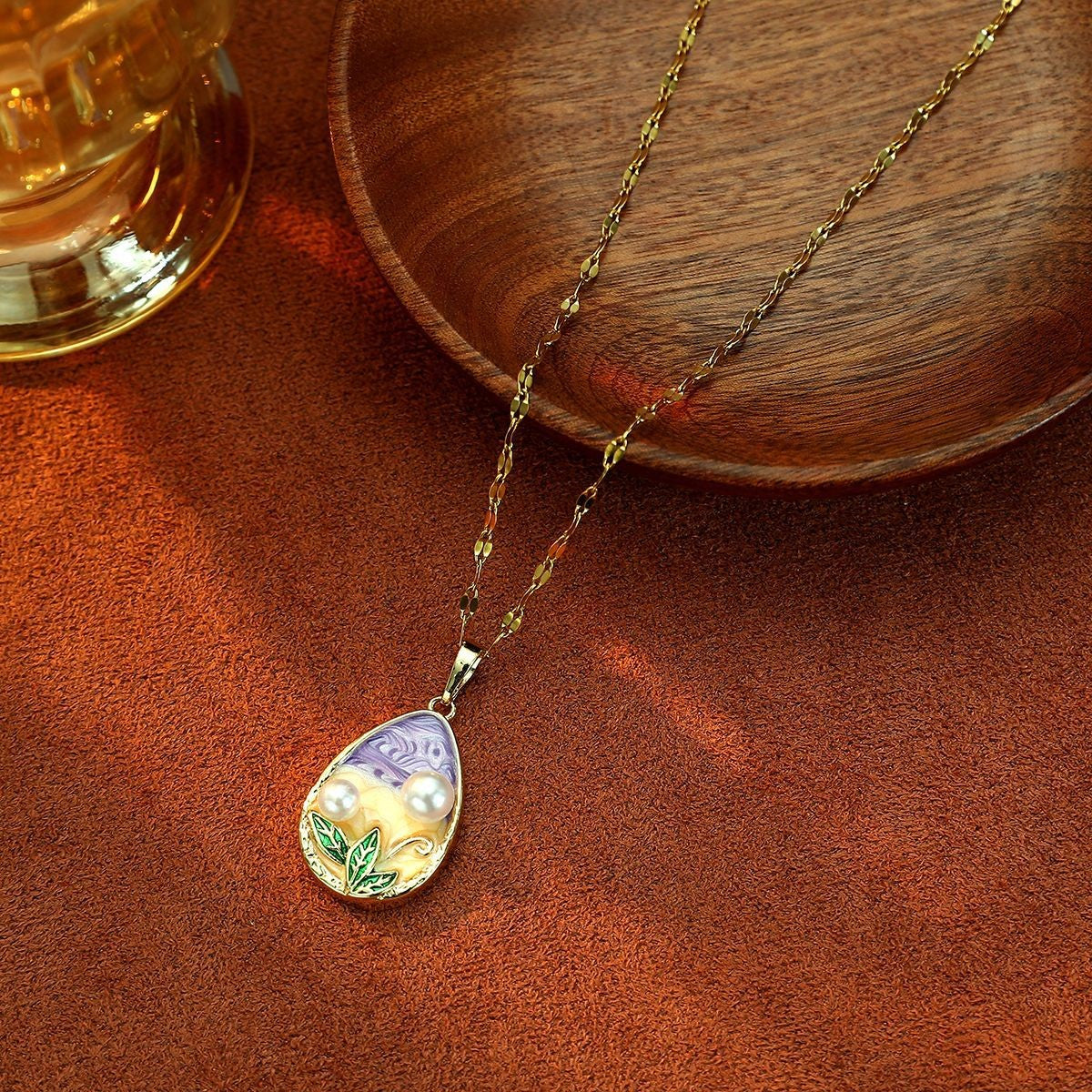Vintage Inspired Enamel Floral Pearl Necklace