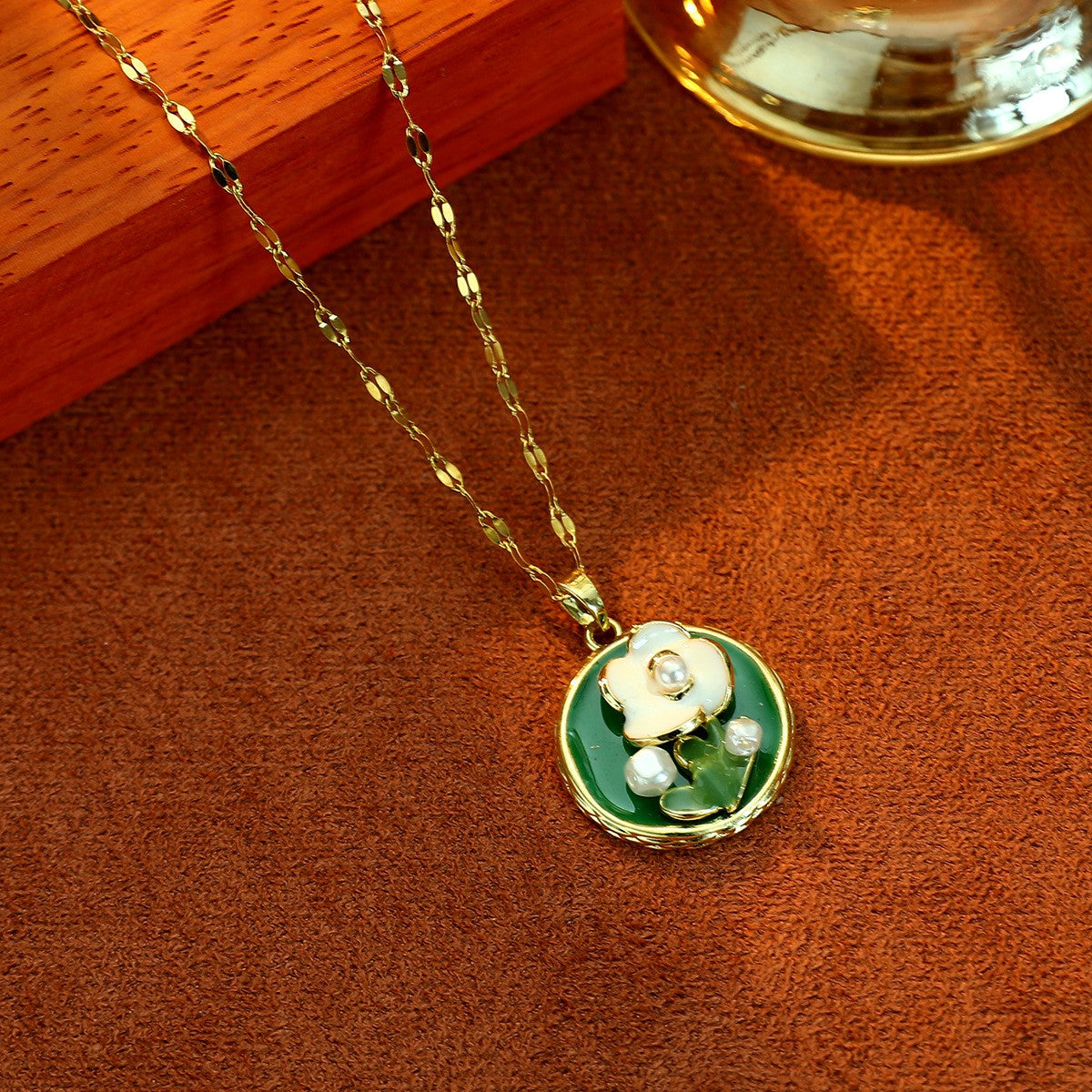 Vintage Inspired Enamel Floral Pearl Necklace