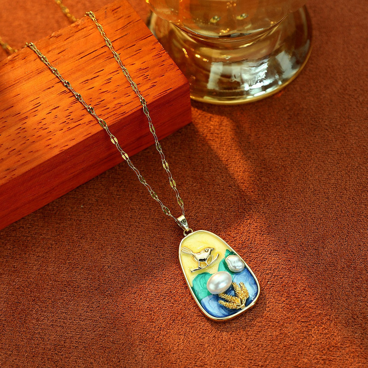 Vintage Inspired Enamel Floral Pearl Necklace