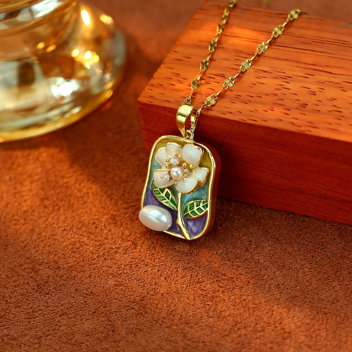 Vintage Inspired Enamel Floral Pearl Necklace