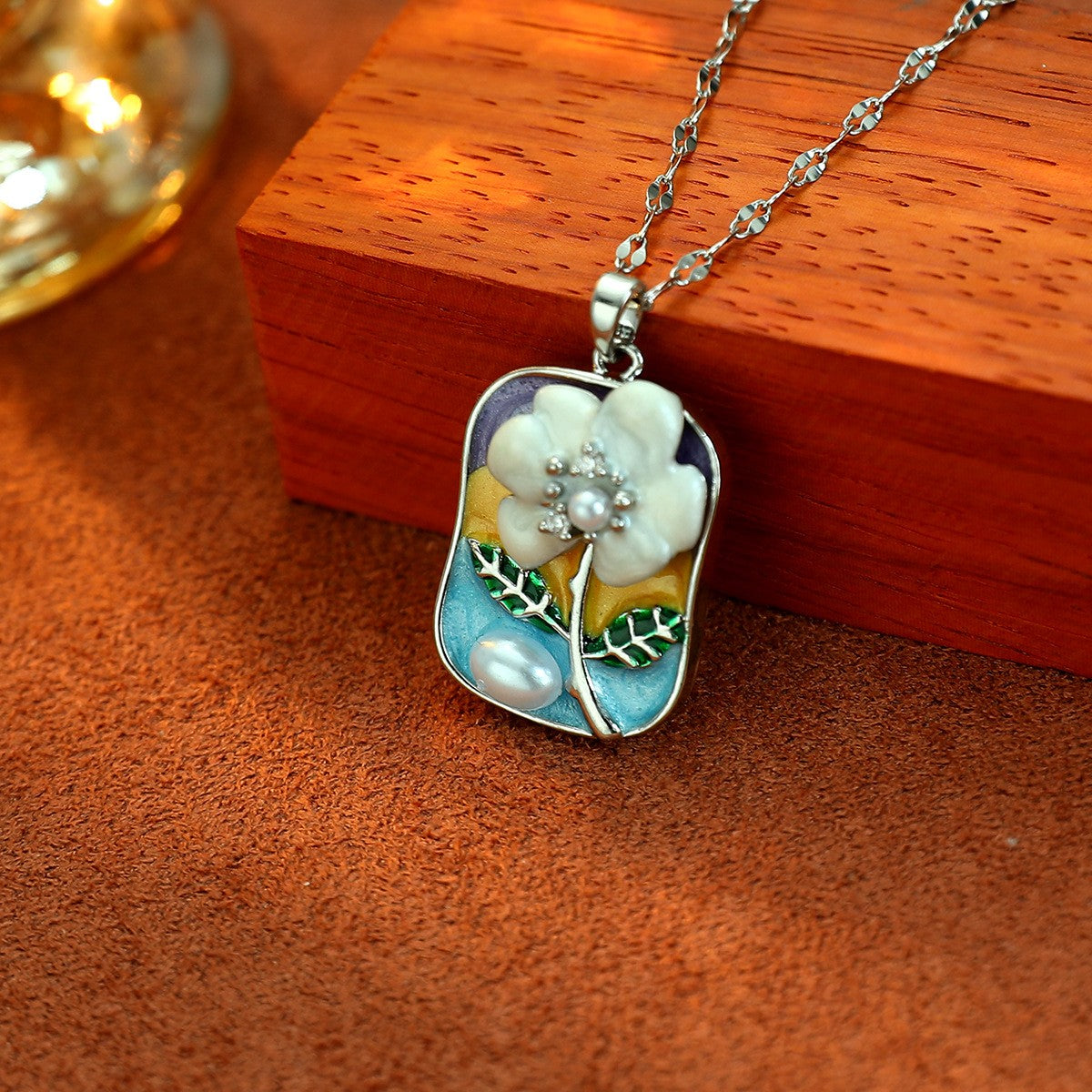 Vintage Inspired Enamel Floral Pearl Necklace