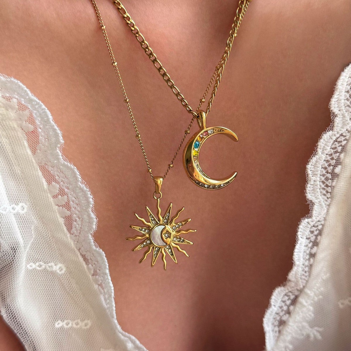 14k Boho Sun & Moon Layered Necklace