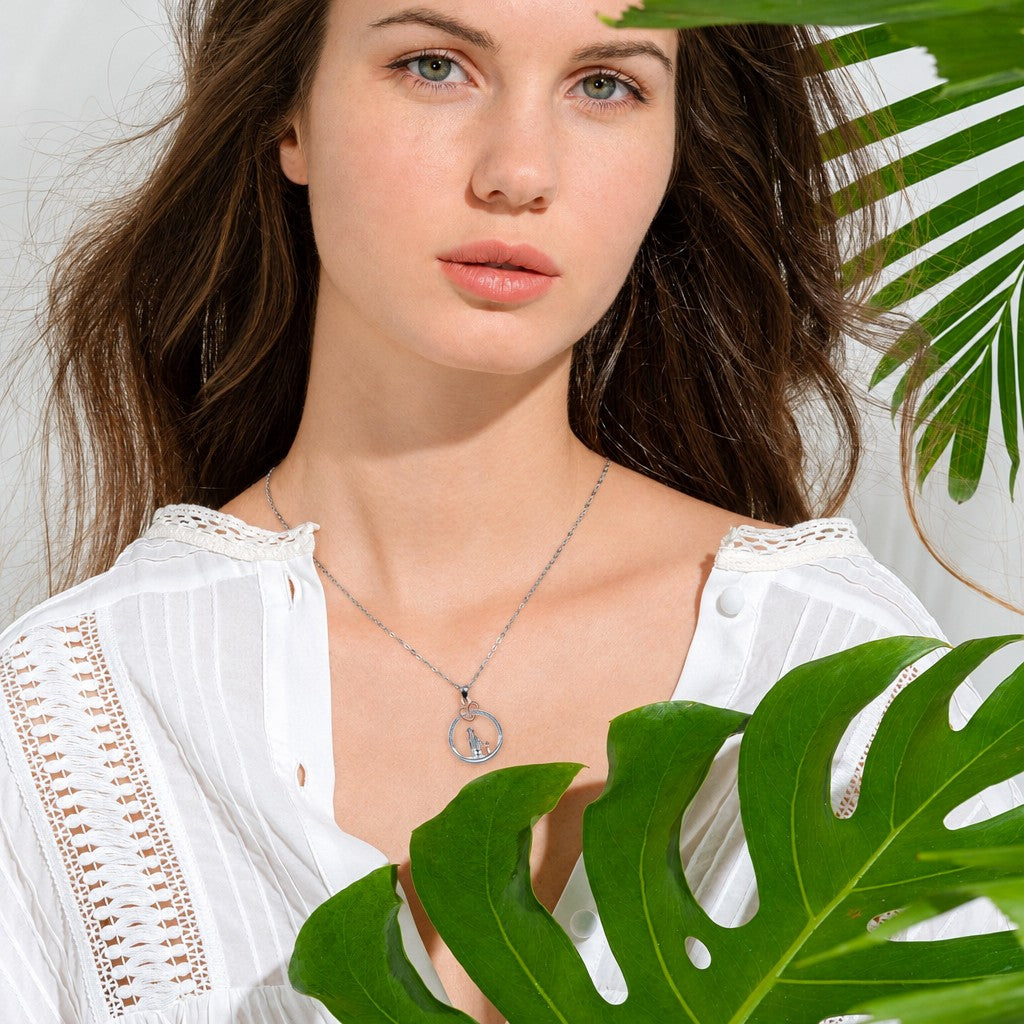 Romantic Girl And Cat Circle Pendant Necklace