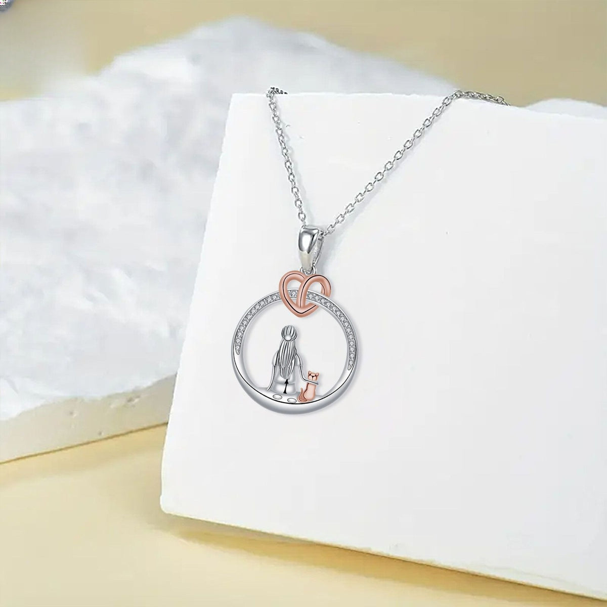 Romantic Girl And Cat Circle Pendant Necklace