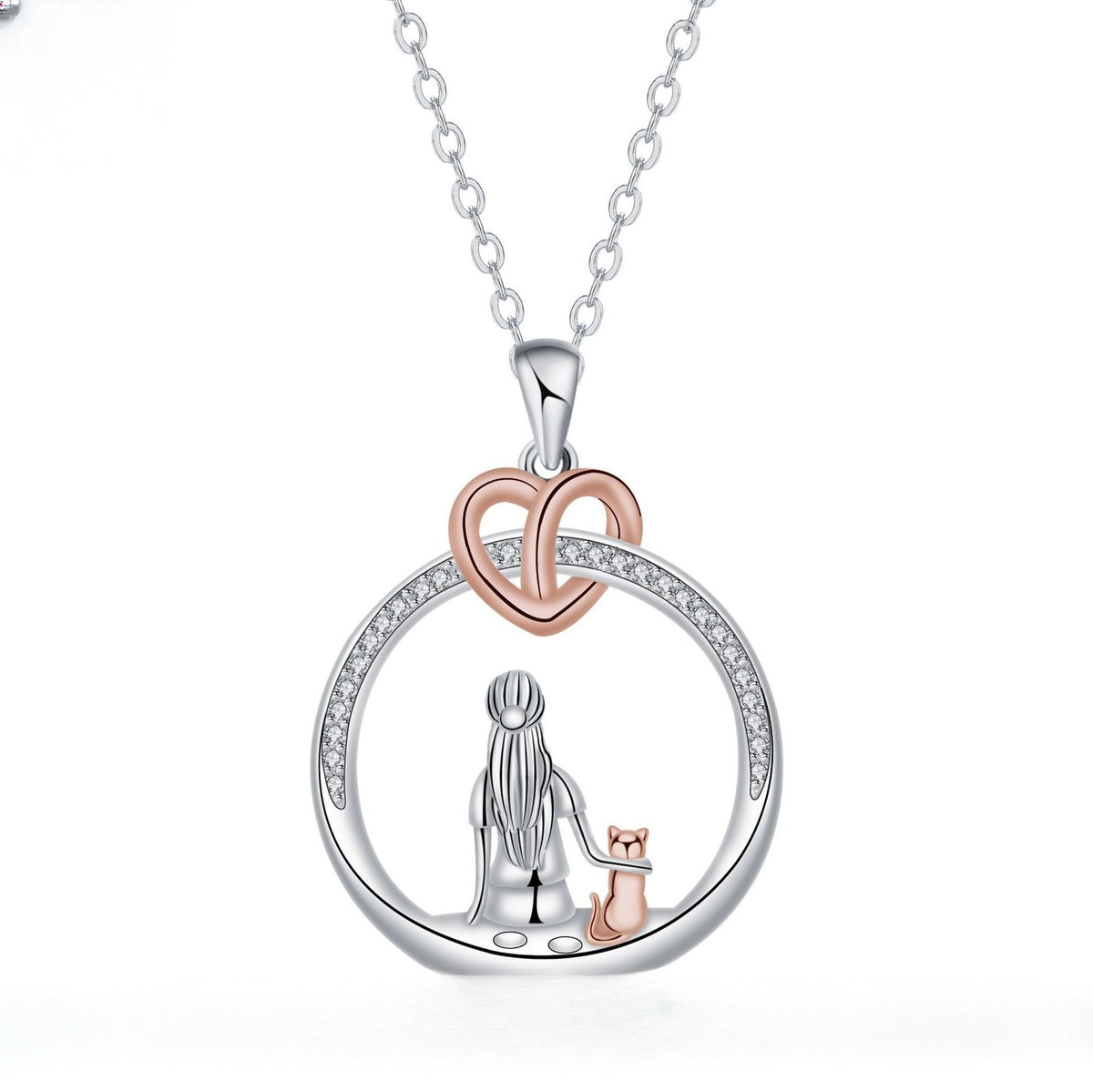 Romantic Girl And Cat Circle Pendant Necklace