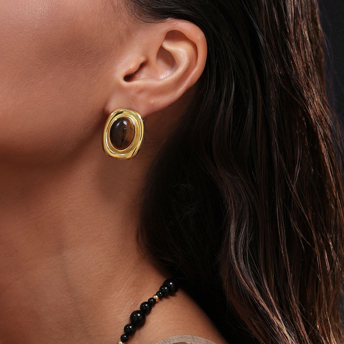 18k Classy Tiger Eye Oval Stud Earrings