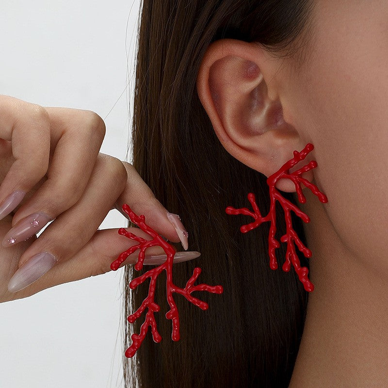 Classy Red Coral Branch Statement Earrings