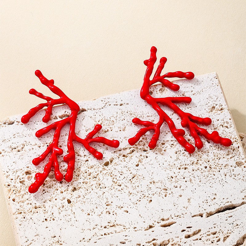 Classy Red Coral Branch Statement Earrings