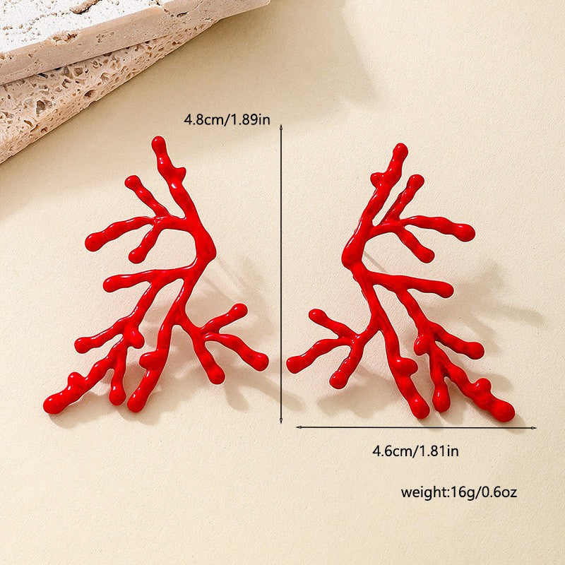Classy Red Coral Branch Statement Earrings