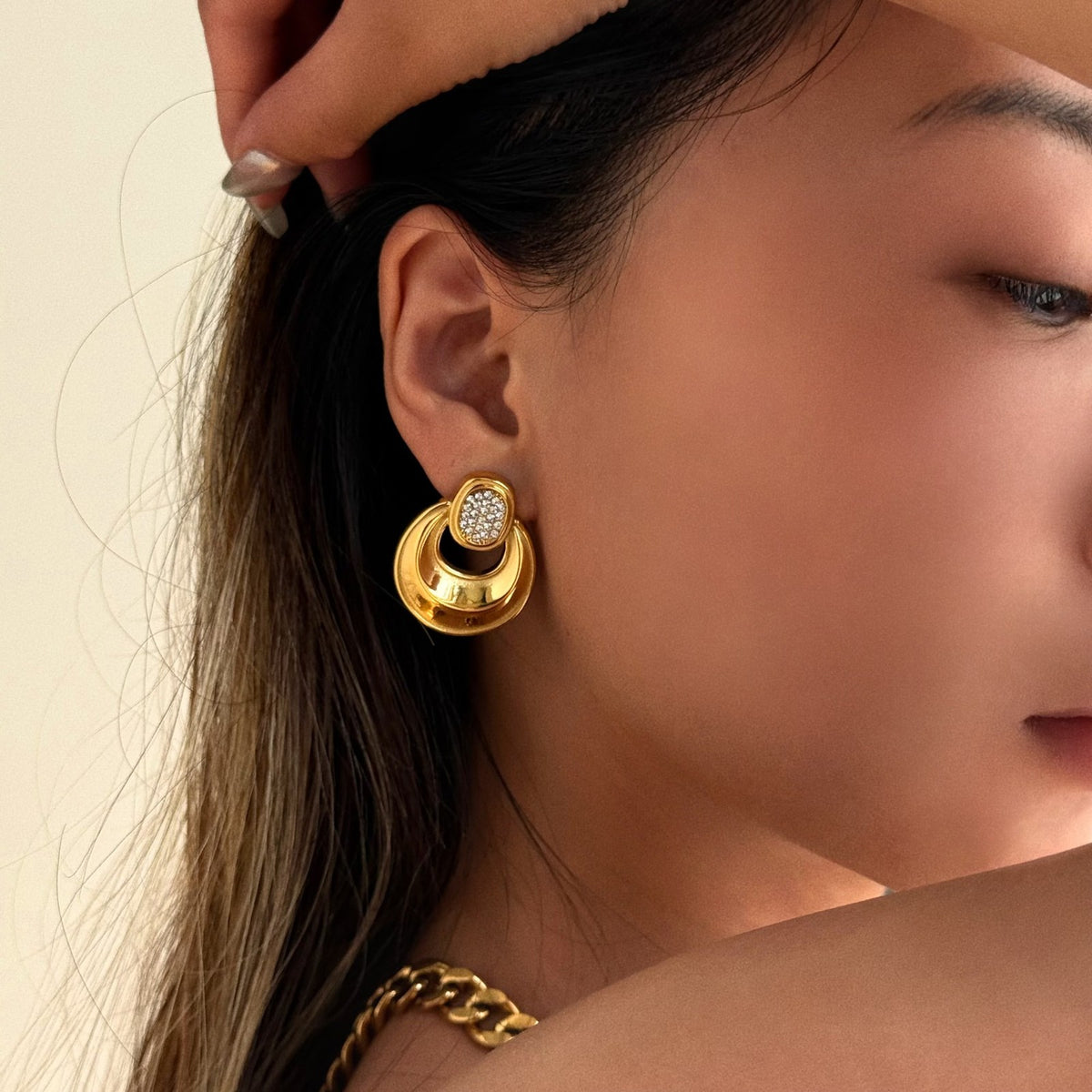 18k Classy Pave Crescent Drop Earrings