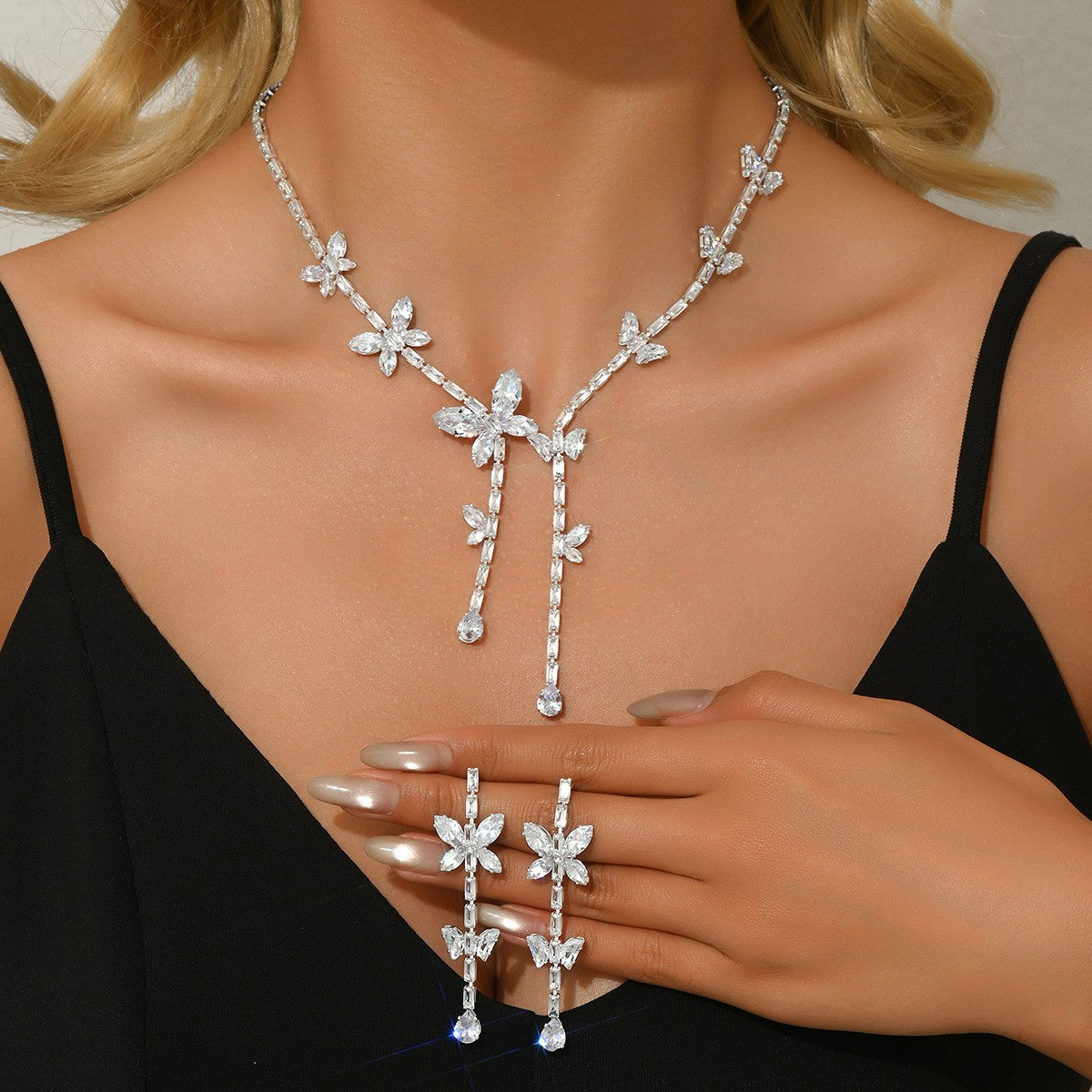 Elegant Cubic Zirconia Butterfly Necklace & Earring Set