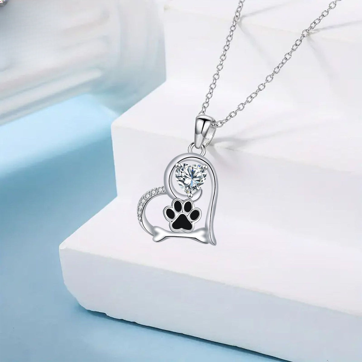 Dainty Crystal Dog Paw Heart Necklace