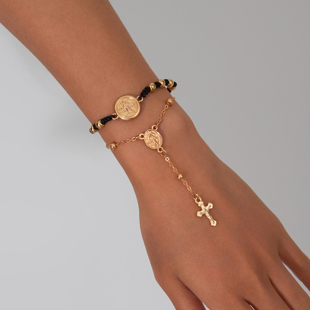 2pc Vintage Religious Medallion & Cross Bracelet Set