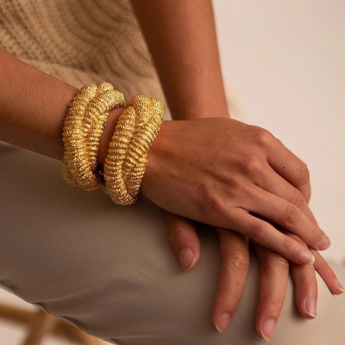 18k Vintage Ribbed Open Cuff Bracelet